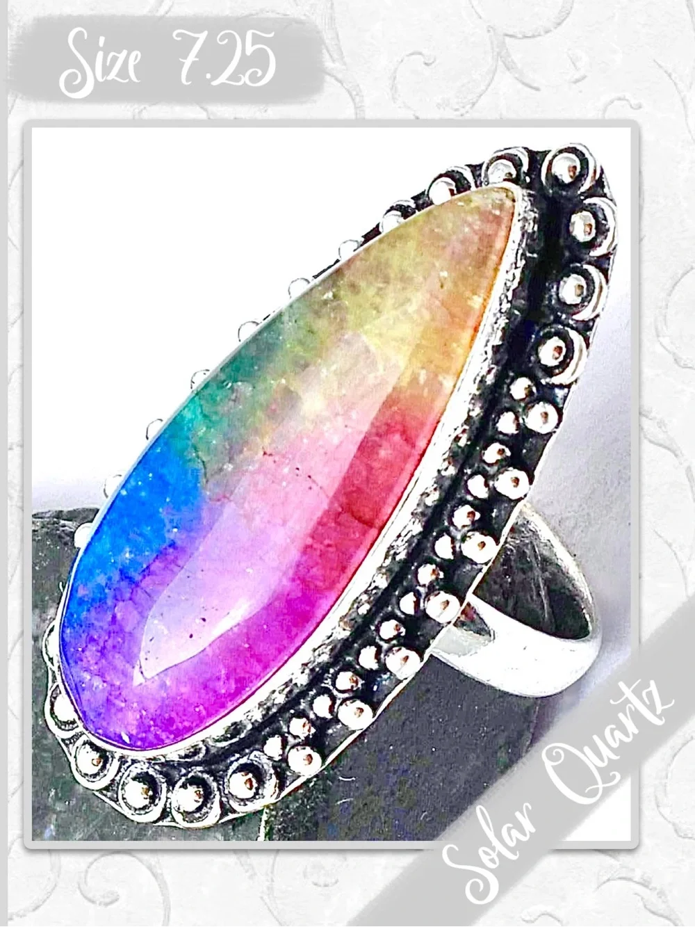 Rainbow Solar Quartz Silver Artisan Ring, Blue, Green, Yellow, Red, Magenta Pink